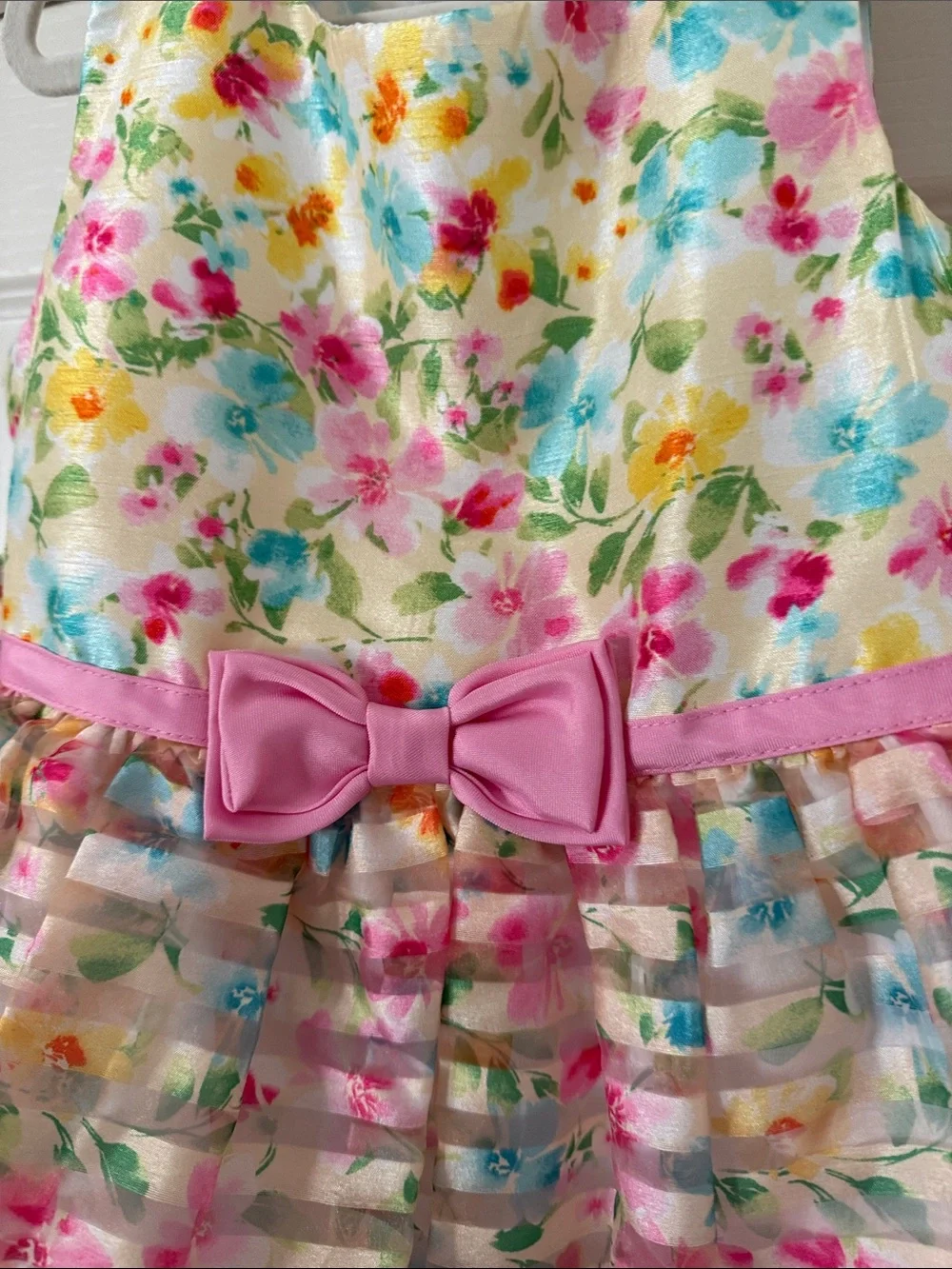 Jona Michelle Multicolor Floral Party Dress with Pink Bow